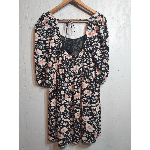 American Eagle Babydoll Dress Mini Short Tie Back Puff‎ Sleeve Black Floral S - Picture 3 of 9